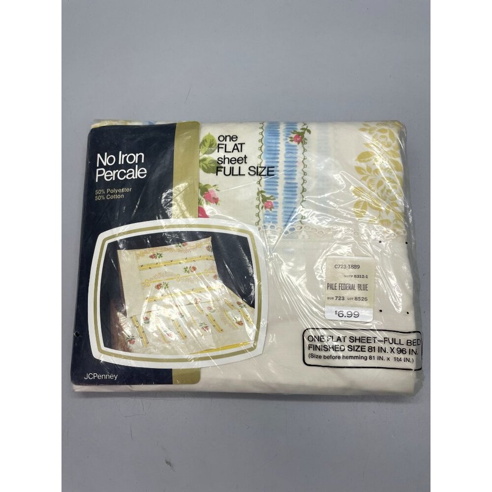 Vintage NOS JC Penney Pale Federal Blue No Iron Percale One Full Size Flat Sheet